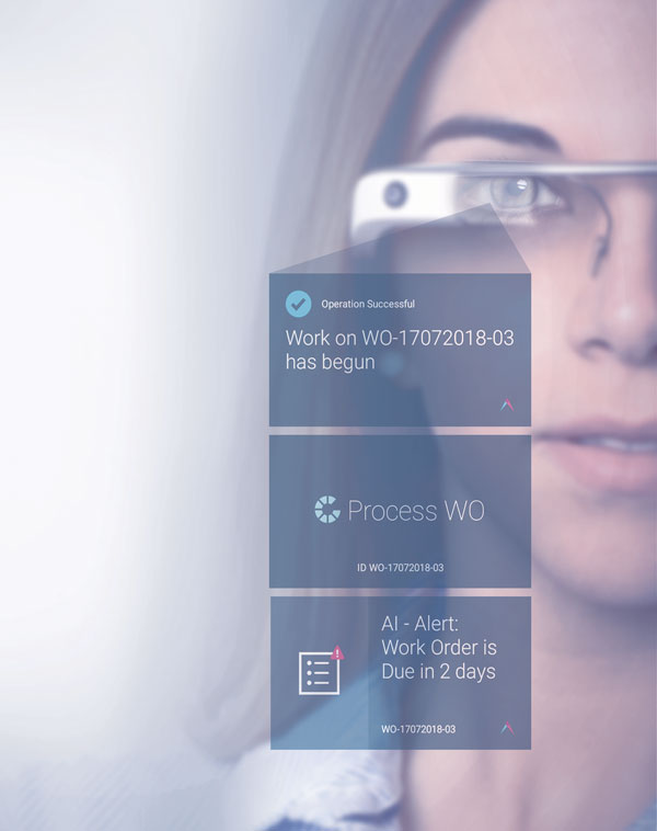 Woman wearing Google Glass presenting Plataine solution: wearable digital assistant